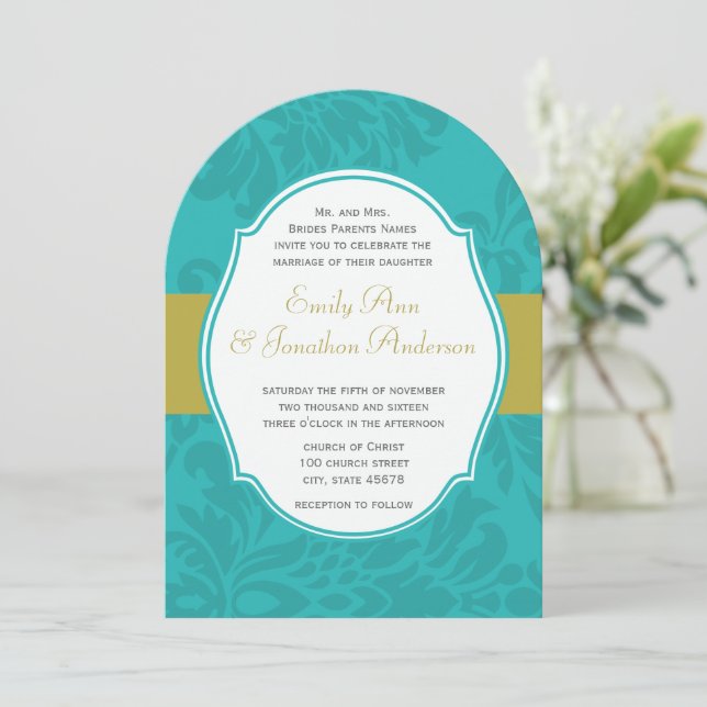 Chartreuse Mariage damassé Invitation Turquoise mo (Debout devant)