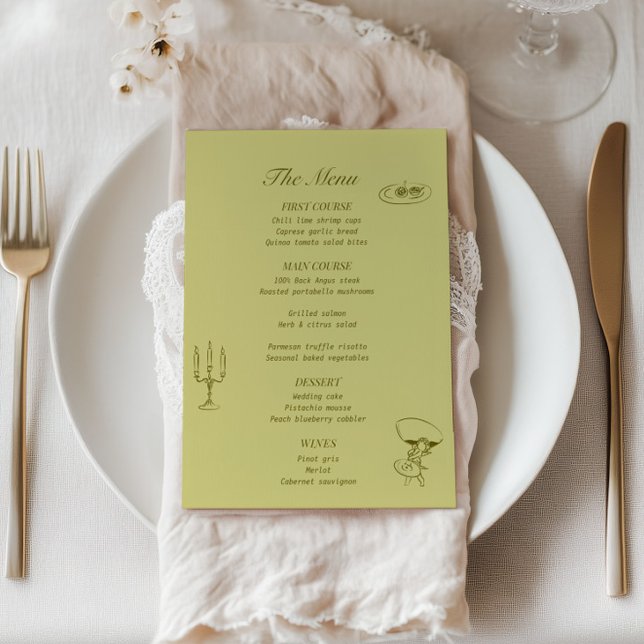 Chartreuse Olive Green Menu Mariage illustré (Créateur téléchargé)