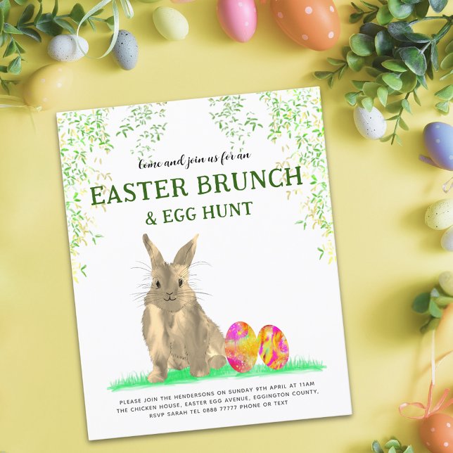 Chasse aux oeufs de lapin de Pâques et Brunch (Easter brunch egg hunt cute bunny watercolor colorful eggs spring garden party budget invitation)