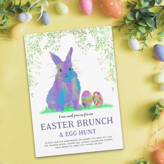 Chasse aux oeufs de lapin de Pâques et Brunch Purp (Easter egg hunt brunch cute purple bunny and eggs watercolor garden party budget invitation)