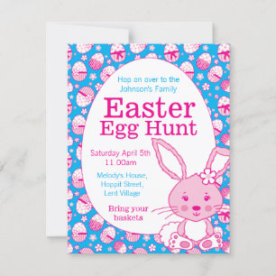 Chasse aux oeufs de Pâques invitation lapin bleu r