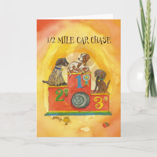 Chasse de voiture de chien - Drôle carte d'anniver (Devant)