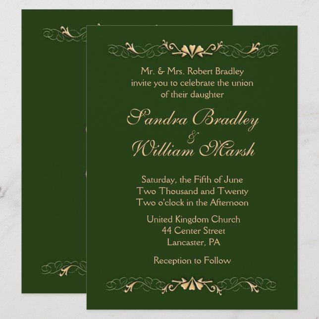 Chasseur Faire-part de mariage vert et or (Devant / Derrière)