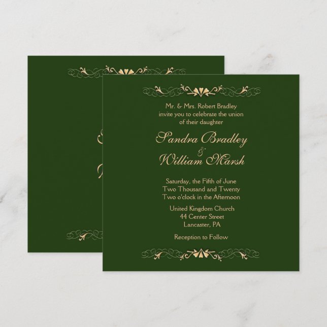 Chasseur Faire-part de mariage vert et or (Devant / Derrière)