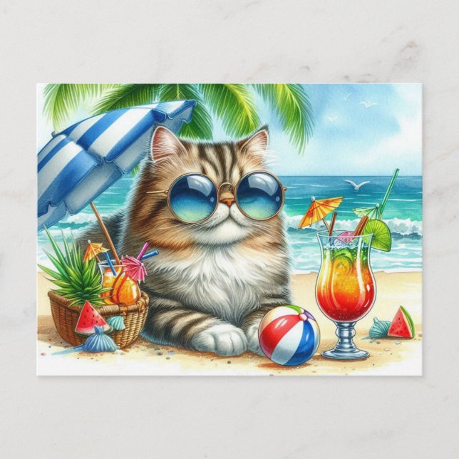 Chat à la plage et cocktails Carte postale (Devant)