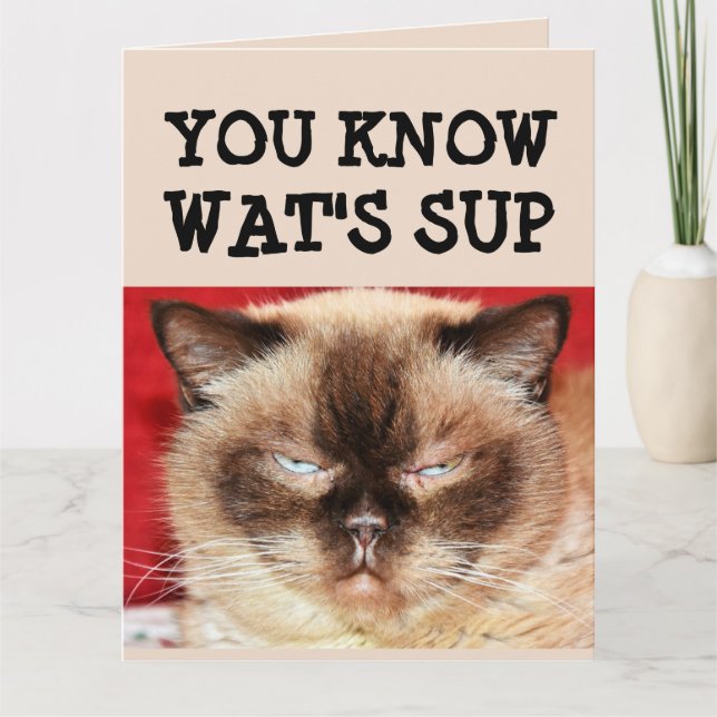 CHAT AMUSANT ANNIVERSAIRE GRANDE carte de voeux (Devant)