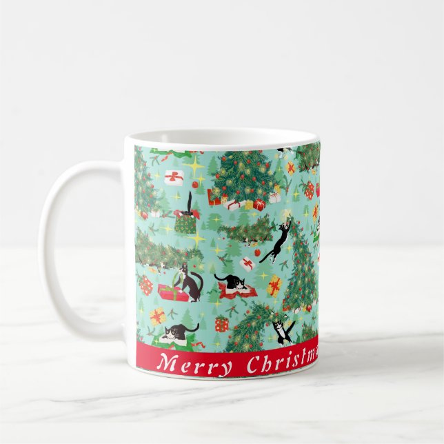 Chat amusant et arbre de Noël Mug de café personna (Gauche)