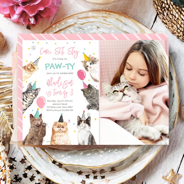Chat Anniversaire Invitation Kitten Party Pawty Gi (Créateur téléchargé)