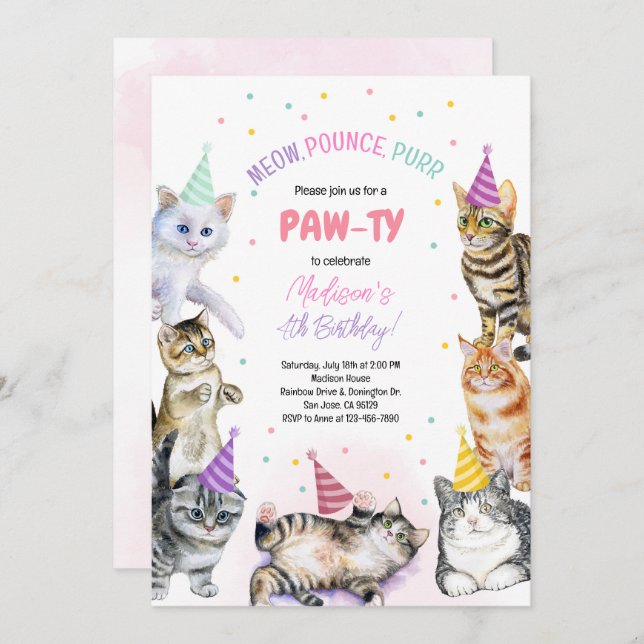 Chat Anniversaire Invitation Kitten Party Pawty Gi (Devant / Derrière)