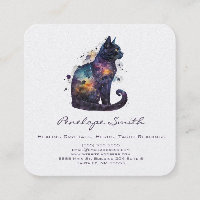 Chat Aquarelle Avec Étoiles Carré Carte de visite (Dos)