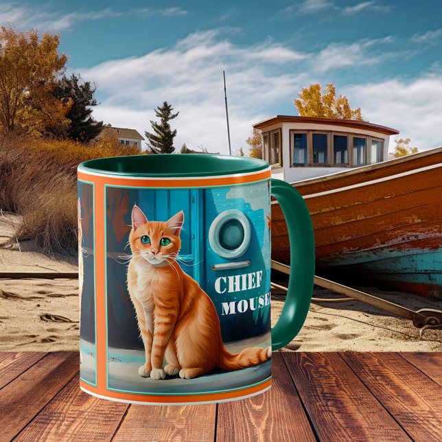 Chat Artistique Coloré Chat Nautique Bateau Mug (Nautical mug showing a painting of a ginger cat in a harbor - beach house - cat lover - boat - ship)