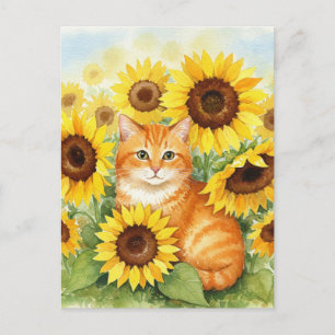 Chat au gingembre mignon dans Sunflower Carte post