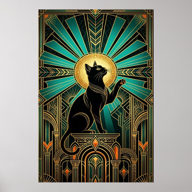Chat au trône d'émeraude avec halo Art Déco (Devant)
