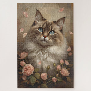 Chat aux Yeux Bleus avec Roses – Élegant Puzzle Fl