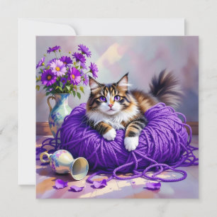 Chat aux Yeux Violets dans de la Laine Violette et