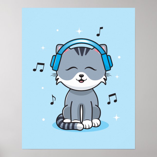 Chat avec casque Poster (16x20) (Devant)