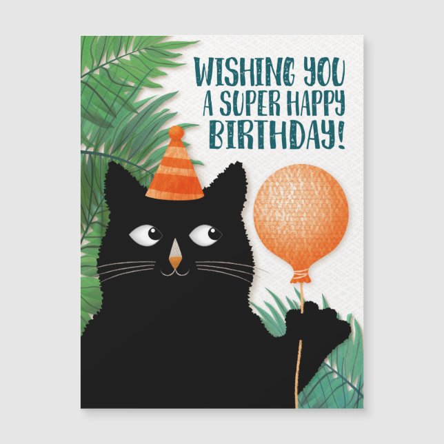 Chat avec casquette d'anniversaire, ballon et plan (Devant)