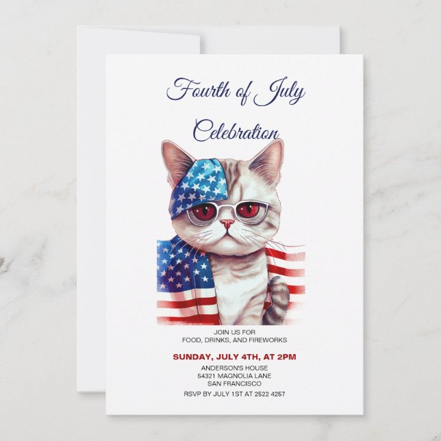Chat avec lunettes 4 juillet Invitations (Devant)