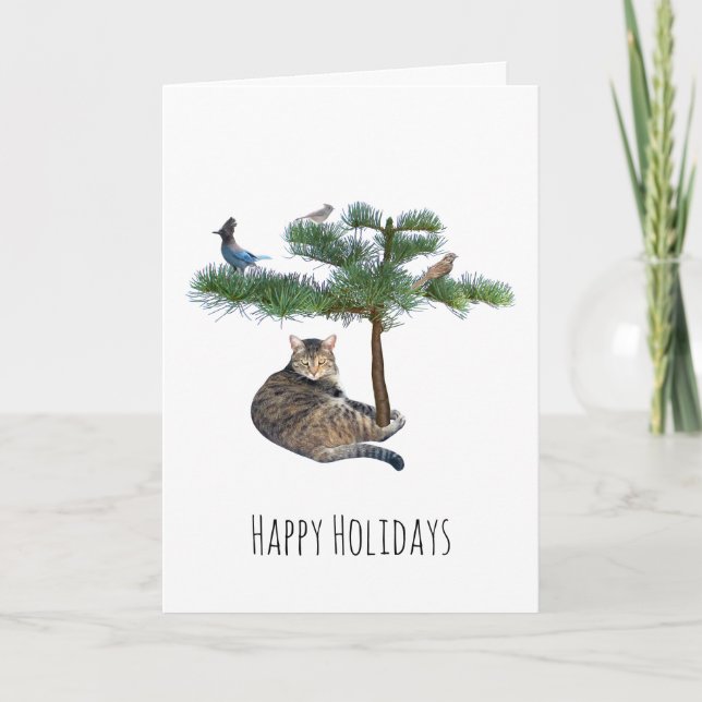 Chat avec oiseaux dans l'arbre Carte de vacances (Devant)
