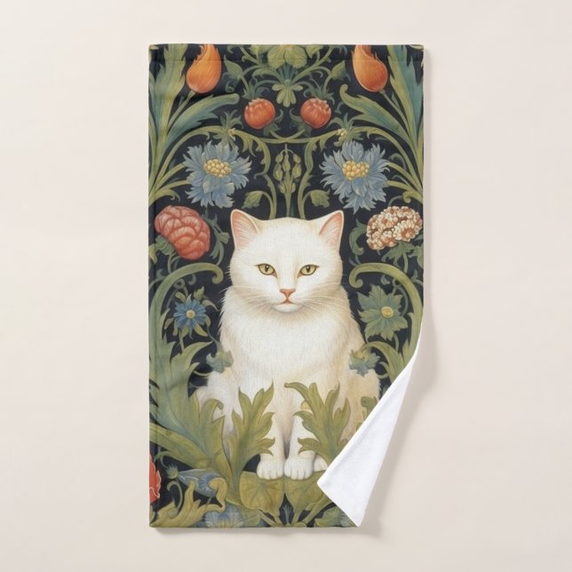 Chat blanc Art nouveau dans le jardin (Serviette à main)