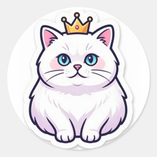 Chat Blanc Avec Autocollant Couronne Chat Princess (Devant)