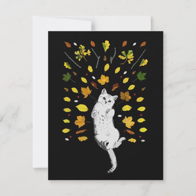 Chat blanc avec illustration des feuilles de chute (Devant)