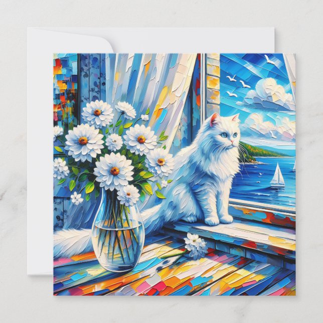 Chat blanc dans le rebord de fenêtre Vue sur l'océ (Devant)