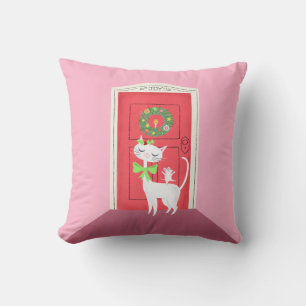 Chat blanc de Noël rétro et souris   Coussin décor