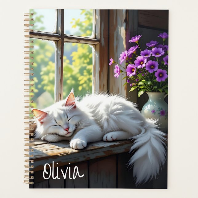 Chat blanc dormant et fleurs violettes Personnalis (Devant)