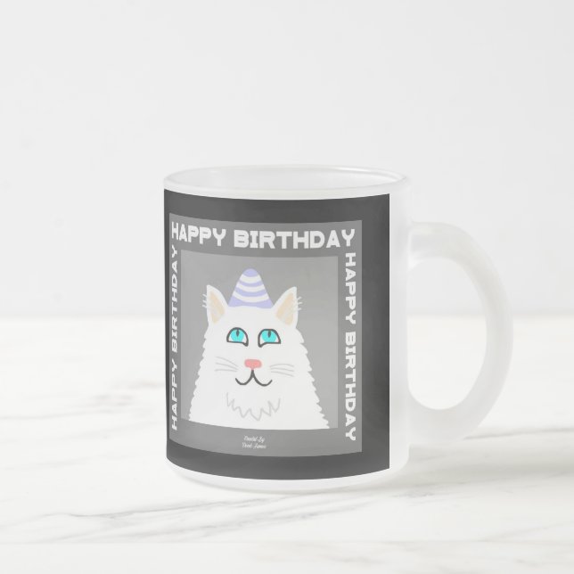 Chat blanc Fluffé Anniversaire Mug en verre givré (Droit)