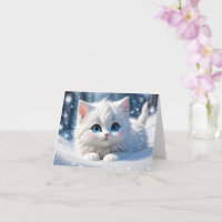 Chat Blanc Fluffy Adorable Yeux Bleus Carte de Vœu