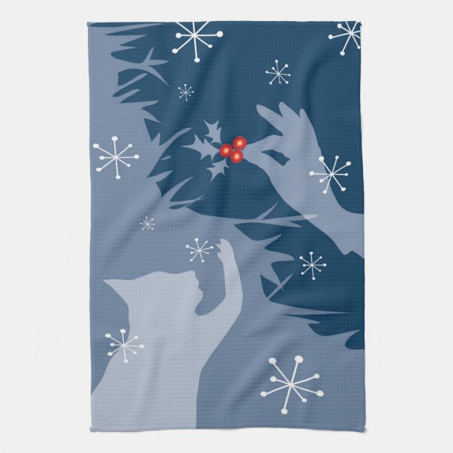 Chat blanc & Holly, bleu nuit, serviette de thé (Vertical)