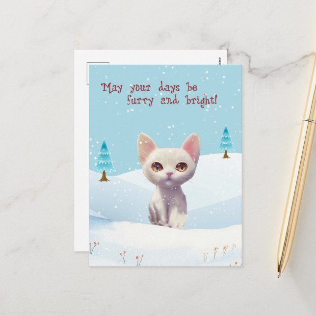 Chat blanc mignon en Carte postale Noël Neige (Devant/Arrière en situation)