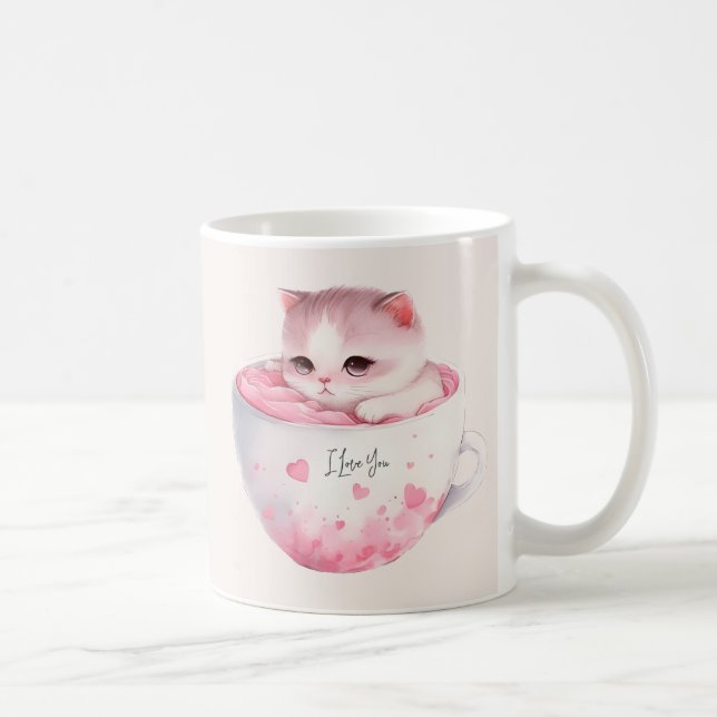 Chat blanc-rose mignonne dans une tasse de thé (3) (Droite)