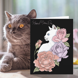 Chat blanc Rose rose Roses carte de la fête des mè