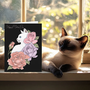 Chat blanc Rose rose Roses carte de la fête des mè