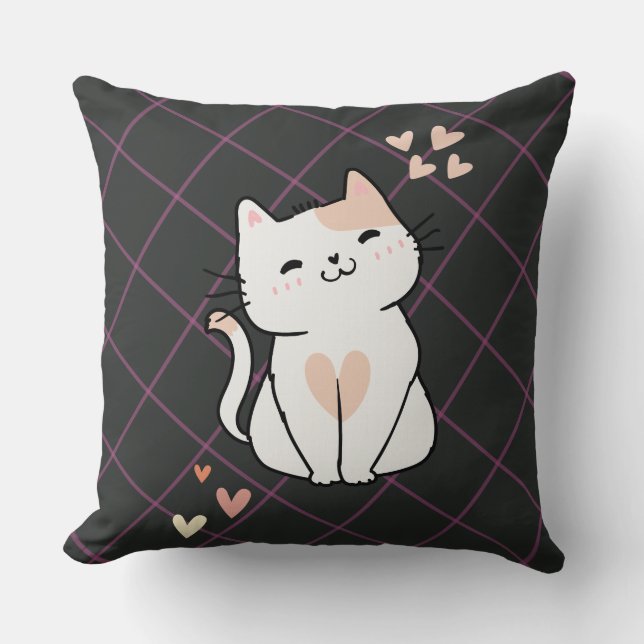 Chat blanc super mignon avec Coeur Lancer Oreiller (Recto)