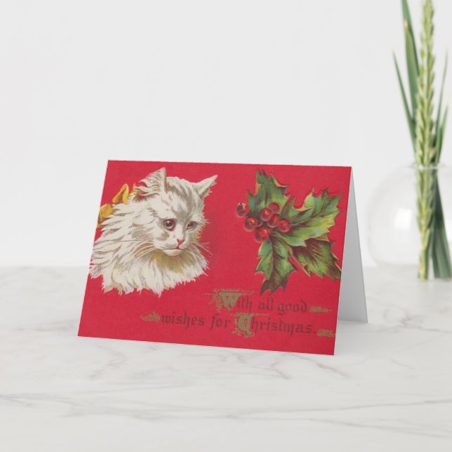 Chat blanc victorien et carte de Noël Holly (Devant)