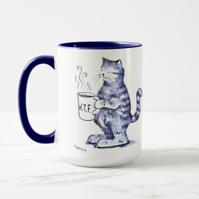 Chat bleu avec tasse WTF (Gauche)