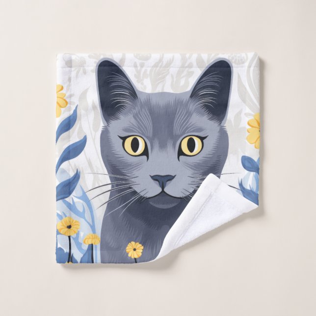 Chat Bleu Russe Fleurs Jaunes (Gant de toilette)