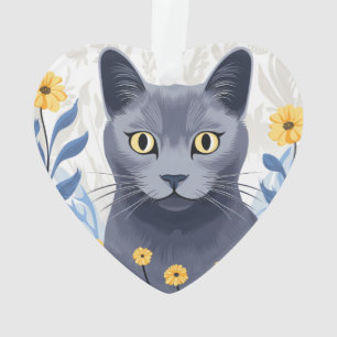 Chat Bleu Russe Fleurs Jaunes