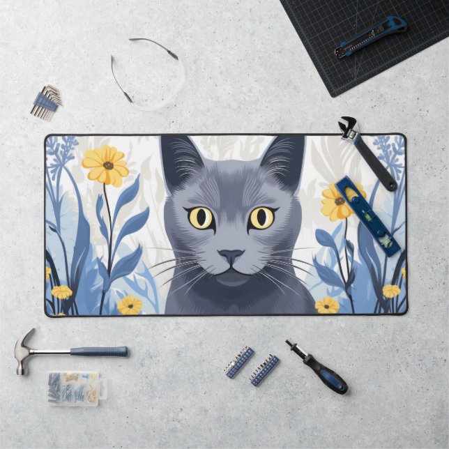 Chat Bleu Russe Fleurs Jaunes (Poste de travail)