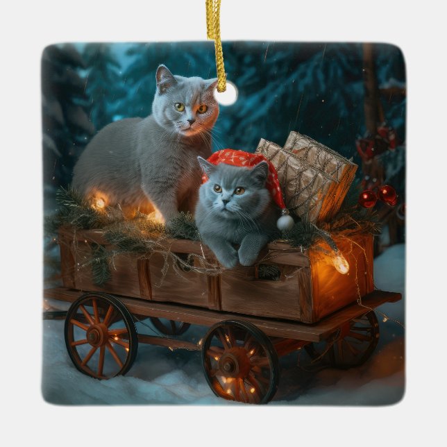 Chat Bleu Russe Sleigh Neigeux Décoration de Noël (Devant)