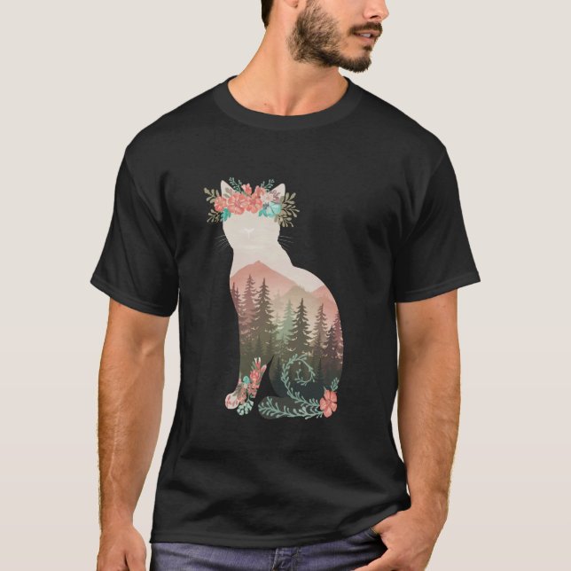 Chat Boho Plantes Tshirt Femmes Fille Hommes Fleur (Devant)