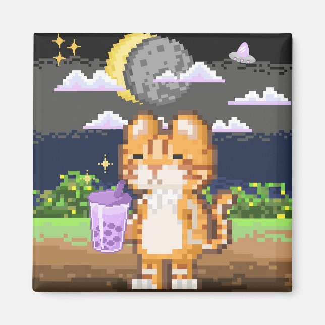 Chat Boire Boba Tea Alien Eclipse Magnet (Devant)