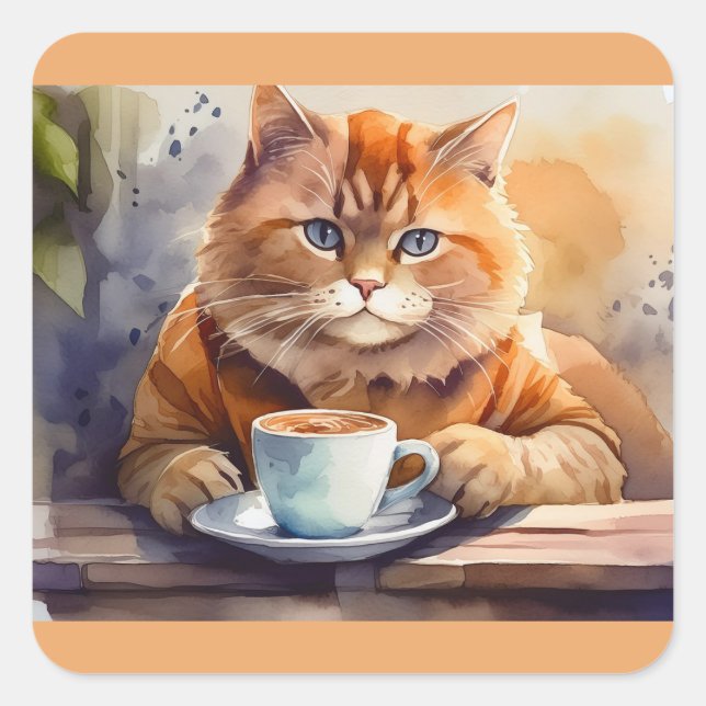 Chat Boire Café Stickers Carré (Devant)