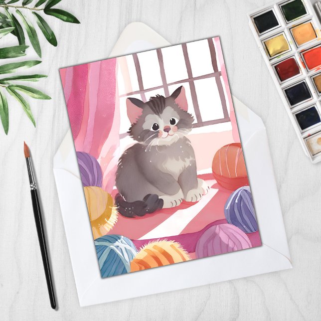 Chat boule de laine | Carte de peinture aquarelle  (Créateur téléchargé)