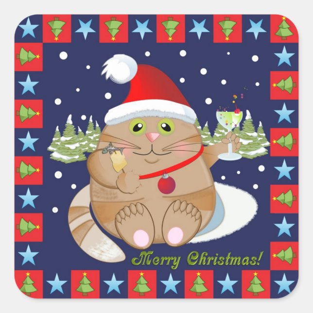 Chat buvant un cocktail + texte autocollant de Noë (Devant)