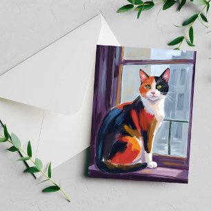 Chat calico   Carte de compagnon de fenêtre à l'aq