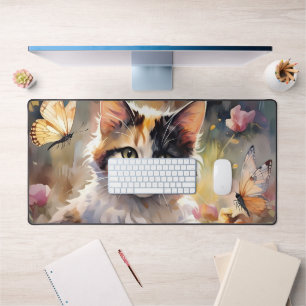 Chat calico et papillons dans un jardin printanier
